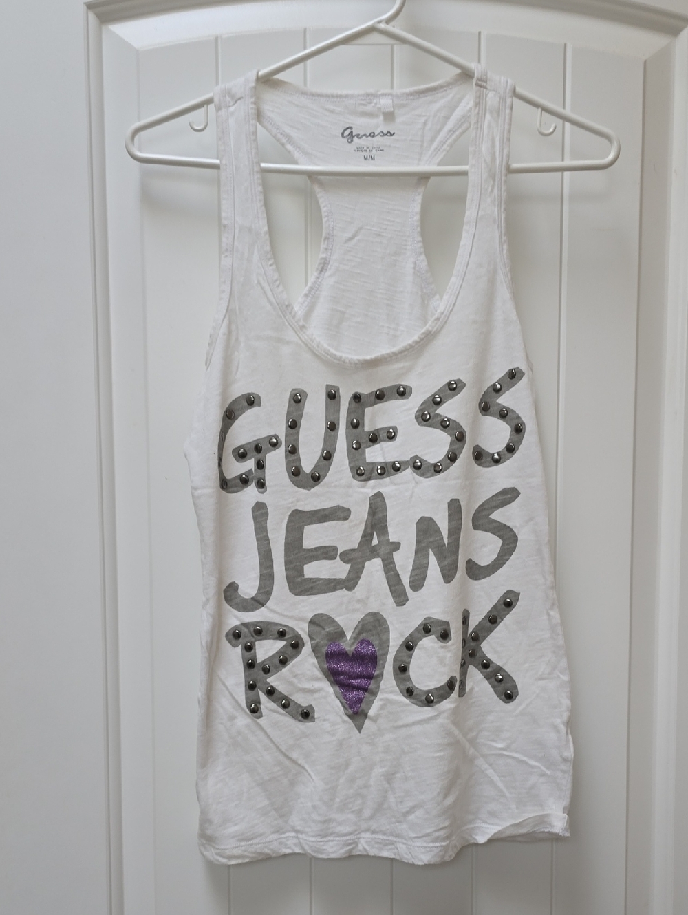 Guess White Tank with Silver Studded Logo and Purple Heart